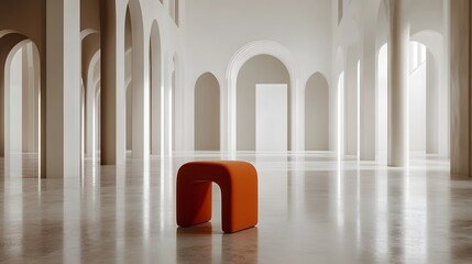 Modern Orange Stool in Minimalist White Arch Hallway