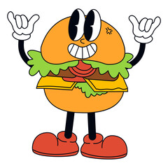 Burger Retro Illustration with Funny Cartoon Design. Vector Character.