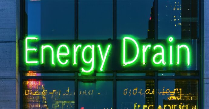 Naklejki Neon sign energy drain muted jade glowing electric yellow mounted sleek transparent skyscraper reflecting skyline