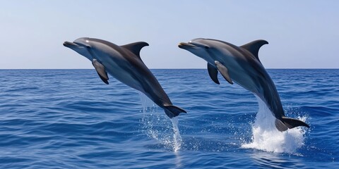 Fototapeta premium A captivating moment as two dolphins leap joyfully in bright blue ocean waters, embodying the energy and playful spirit of marine life in a vibrant and beautiful setting.