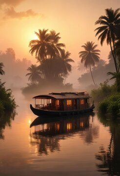 Houseboat gliding through the misty landscape of Kerala backwaters at sunset, houseboat, water