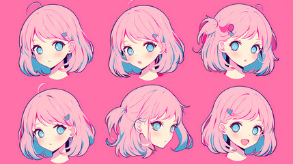 Colorful anime-style character expressions with pink hair on a vibrant background showcasing emotions
