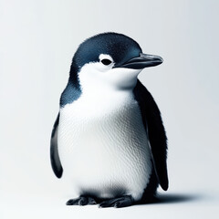 Adorable young penguin standing on ice with fluffy feathers and curious expression
