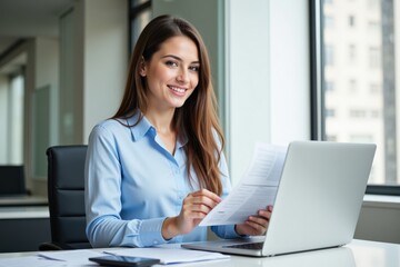 Young Adult Female Professional Working at Desk in Bright Office Environment, Reviewing Documents, Smiling at Camera, Showcasing Productivity and Modern Work Lifestyle