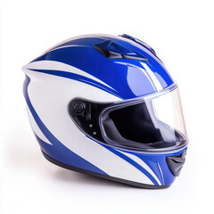 Blue and white motorcycle helmet with visor on white background