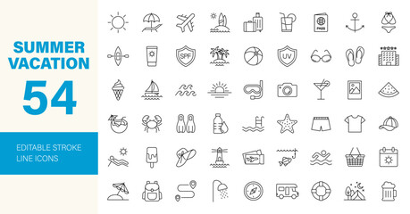 Summer Vacation icon set. Holiday related icons: travel, beach, surfing, hotel, tourism, landscape, camera, passport, ice cream and more. Editable line icons. Vector illustration.