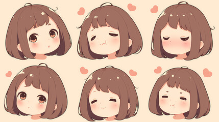 Cute animated character expressing various emotions with heart motifs in a soft pastel background