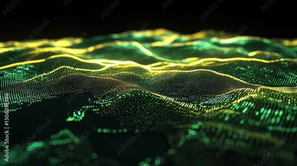 Poster high-tech 3d world model with luminous lines and dots illustrating the flow of data, digital finance