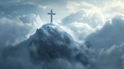 Cross on Mountain Peak with Clouds