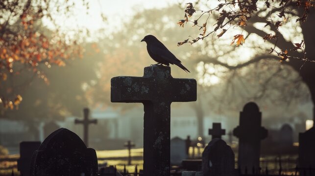 Crow on Stone Cross in Cemetery