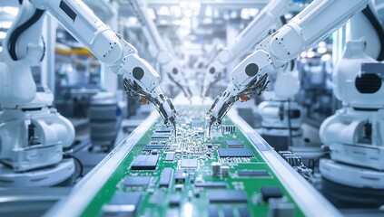 White Robotic Arms Assembling Circuit Board on Assembly Line