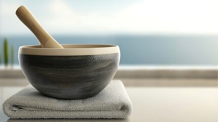 Elegant mortar and pestle set on soft towel by serene seaside view