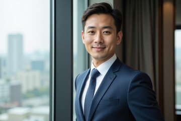 Confident Asian Male Professional in Suit Posing by Window Overlooking Urban Landscape in Modern Office Setting