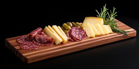 An exquisite cheese and salami platter elegantly displayed on a wooden board, perfect for gourmet lovers and gatherings, highlighting culinary artistry and flavor.