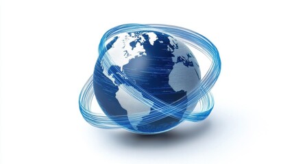 High-tech digital world globe with swirling blue and white data lines, depicting real-time information exchange across continents.