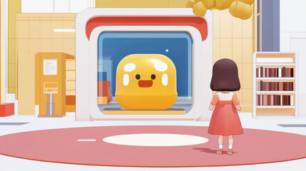 Fototapeta premium Young Girl Observing a Sad Yellow Cartoon Character in a Futuristic Room