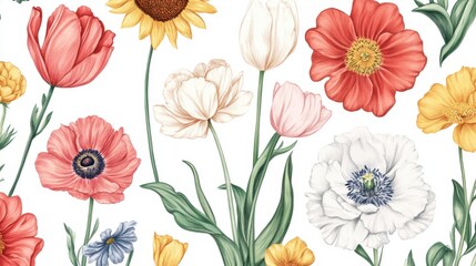 Floral Illustration with Tulips, Poppies, Sunflower, and Ranunculus