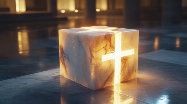 Glowing Marble Cube with Cross Cut-Out on Marble Floor