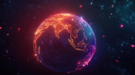 Obraz premium High-tech earth with neon data lines connecting continents, cyber networking theme