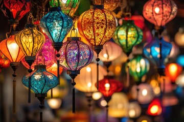 Colorful Lanterns Hanging Above Emitting Warm Glow in a Festive Market or Bazaar Atmosphere