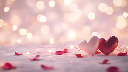 Obraz premium Romantic Heart Decoration with Rose Petals and Fairy Lights on a Soft Marble Surface