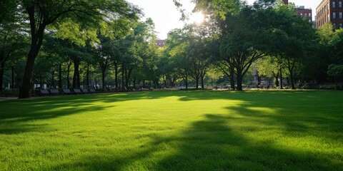 Obraz premium A serene park scene showcasing vibrant greenery, sunlight filtering through trees, casting shadows on a plush grass area, ideal for relaxation and outdoor activities.