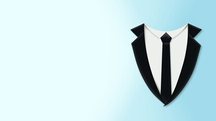 黒いネクタイを締めた黒いスーツのアイコンが右にある水色の背景