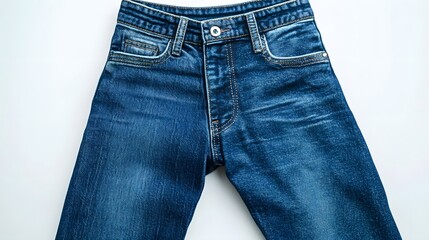 Classic Denim Detail: A detailed top-down shot of a classic pair of blue denim jeans, featuring pockets, buttons, and stitching, representing timeless fashion.
