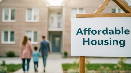 Unemployment Rate Growth Concepts. Family walking towards an affordable housing sign in a suburban area.
