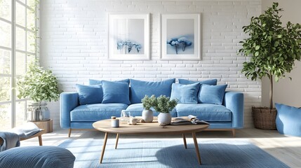 Fototapeta premium Modern 3D Rendering of Stylish Living Room Bathed in Soft Light with Blue Sofa and Elegant Decor