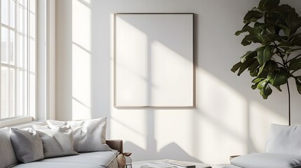 Sunlit Living Room Corner with Minimalist Design and Empty Frame for Artistic Display