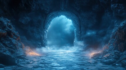 Mystical cave entrance glowing path fantasy scene.