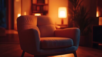 Cozy Armchair in a Tranquil Setting with Warm Lighting and Soft Cushions for Ultimate Comfort