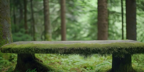 A tranquil setting featuring a moss-covered wooden bench nestled in a lush green forest, inviting rest and reflection under the canopy of trees.
