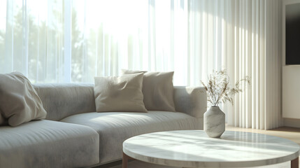 airy minimalist living room with a light gray sofa, a round marble coffee table, neutral-colored throw pillows, and a large window with sheer curtains 