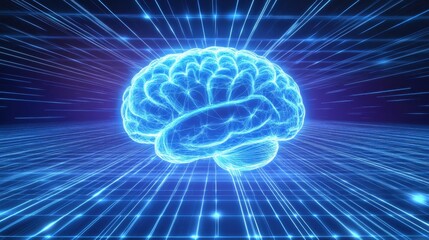 Holographic AI brain floating above a digital grid, neural pathways illuminated, futuristic concept.