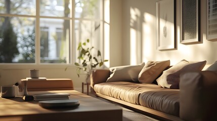 Modern Minimalist Living Room Bathed in Natural Light with Elegant Furnishings and Soft Textures