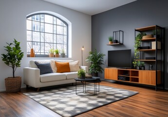 Modern Living Room Interior with Cozy Sofa, Green Plants, and Stylish Decor in Bright Lighting