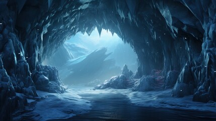 Ethereal Ice Cave Landscape with Sparkling Snow and Crystal Formations