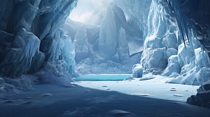Serene glacial landscape with icy caverns and turquoise water under soft light