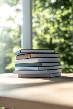 stack of diverse textbooks on teacher wooden desk representing learning surrounded by bright minimalist classroom setting