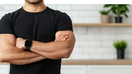 A man in a black t-shirt stands confidently with crossed arms, showcasing his muscular arms, against a modern, minimalistic background.