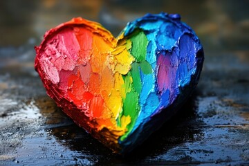 Fototapeta premium A Vibrant Rainbow Heart Crafted with Colorful Paint Blends, Symbolizing Love, Diversity, and Acceptance on a Textured Dark Background