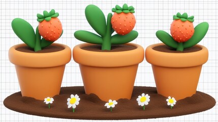 Three potted strawberry plants, growing, daisies, grid background, gardening