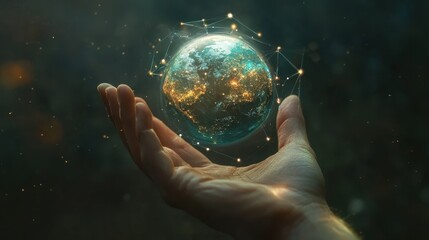 Holographic digital Earth globe floating above an open hand with network connections and glowing data points