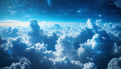 A hightech sky with cloud formations overlaid with flowing data and algorithms, symbolizing AIdriven climate models and weather prediction systems