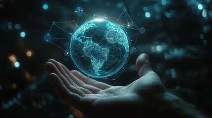 Holographic digital Earth globe floating above an open hand with network connections and glowing data points