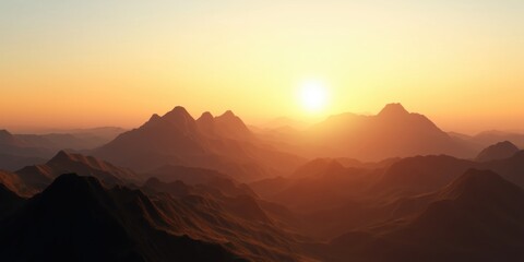 A breathtaking mountain landscape bathed in the warm glow of a setting sun, capturing nature's grandeur and tranquility in a peaceful and majestic atmosphere.