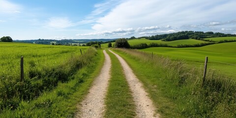 Naklejka premium A tranquil dirt pathway meanders through a vibrant green landscape, surrounded by hills and clear skies, creating a scene perfect for outdoor adventures and reflection.