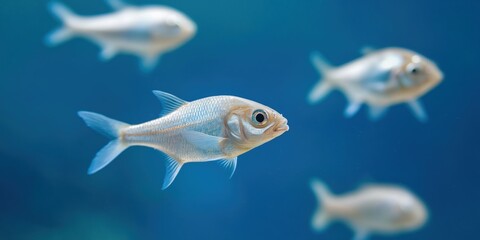 An enchanting underwater scene showcases a school of fish swimming gracefully, highlighting the beauty and vibrancy of marine life in a stunning aquatic environment.